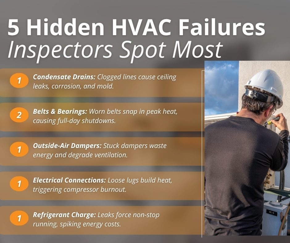 An infographic titled "5 Hidden HVAC Failures Inspectors Spot Most" detailing common issues with condensate drains, belts, dampers, electrical connections, and refrigerant charge alongside a technician servicing an outdoor unit.