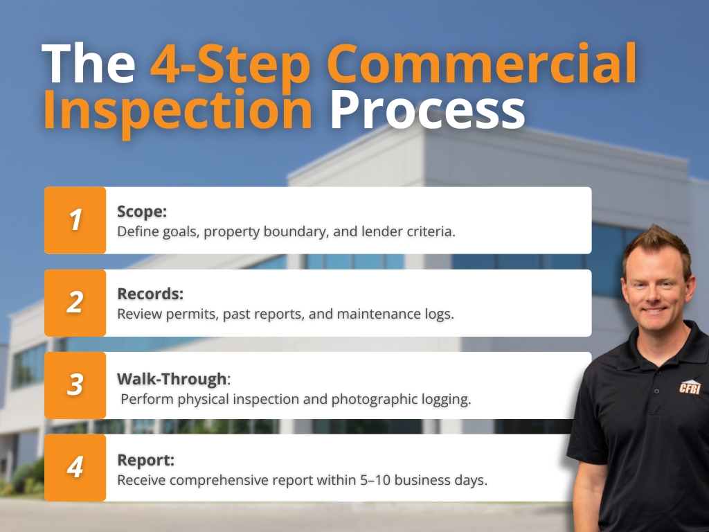 An infographic titled "The 4-Step Commercial Inspection Process" outlining the key steps from defining scope to final report delivery, set against a commercial building background featuring a CFBI inspector.