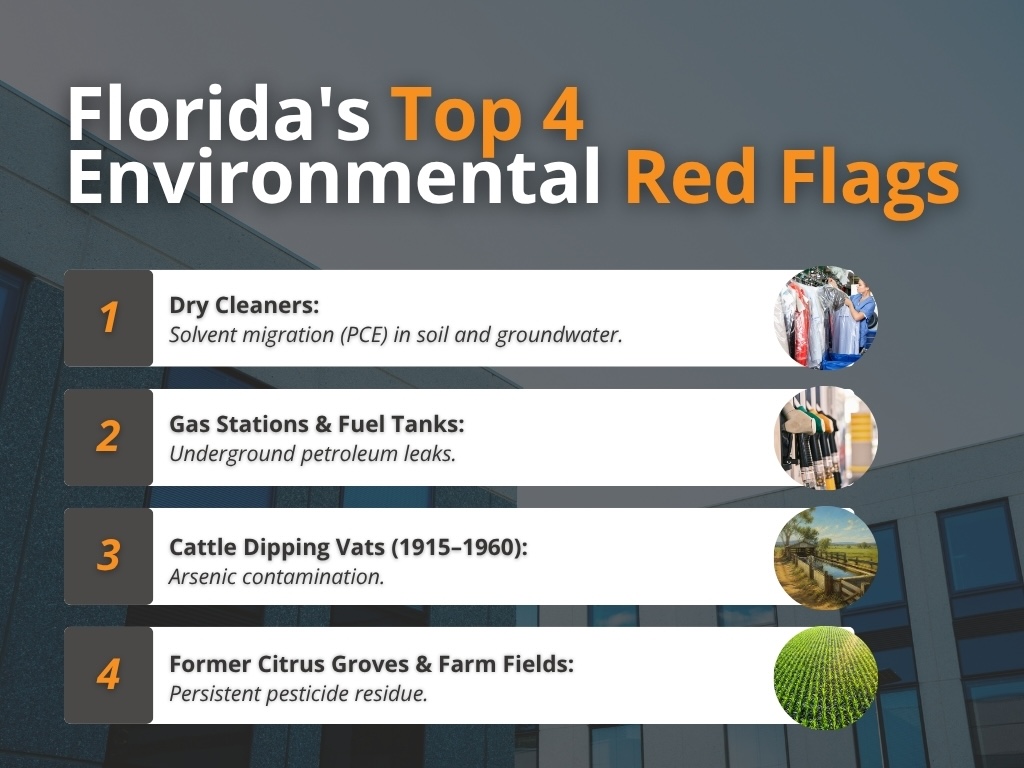 Infographic titled "Florida's Top 4 Environmental Red Flags" listing site assessment risks from dry cleaners, gas stations, historic cattle dipping vats, and former agricultural land.